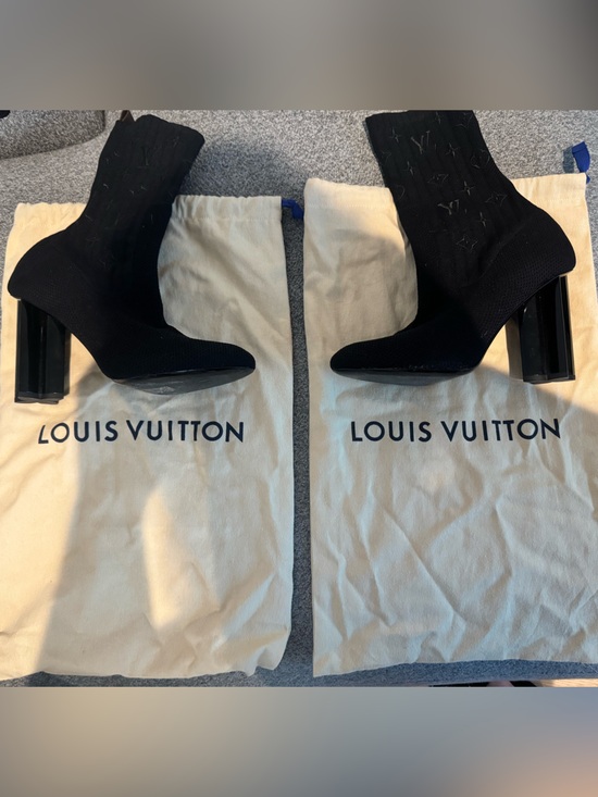 Louis Vuitton Shoes - Louis Vuitton Black Knit Sock Booties with Chunky Patent Block Heel